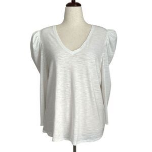 Chico’s Size 3 XL White Puff Sleeve Top V-Neck Cotton Modal Blend Long Sleeve